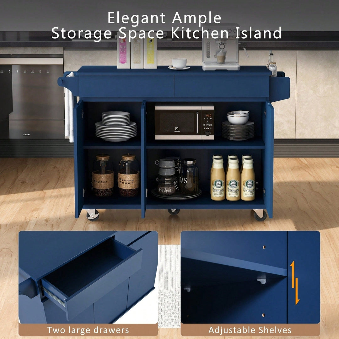 Navy Blue Rolling Kitchen Island with Drop Leaf and Storage Drawers for Versatile Dining Spaces Image 8