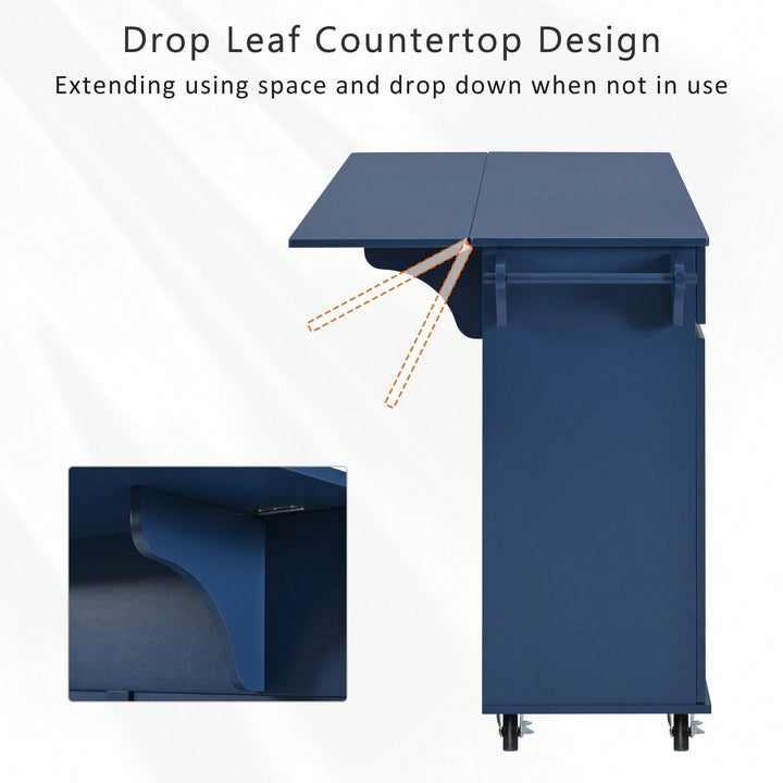 Navy Blue Rolling Kitchen Island with Drop Leaf and Storage Drawers for Versatile Dining Spaces Image 9