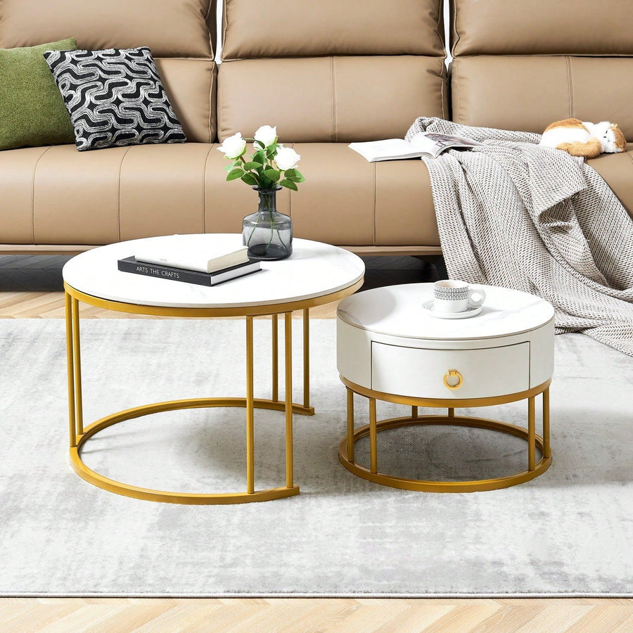 Nesting Coffee Table Set Of 2 For Living Room, Modern Round Sintered Stone Top End Table With Storage Drawer And Metal Image 1