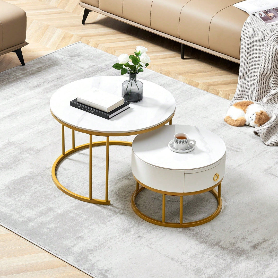 Nesting Coffee Table Set Of 2 For Living Room, Modern Round Sintered Stone Top End Table With Storage Drawer And Metal Image 2