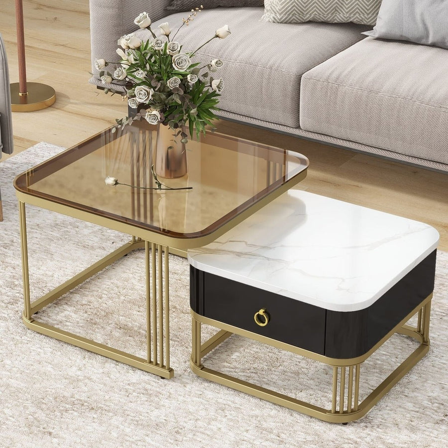 Nesting Coffee Tables Set of 2, Space-Saving Square Stacking Side Tables Image 1