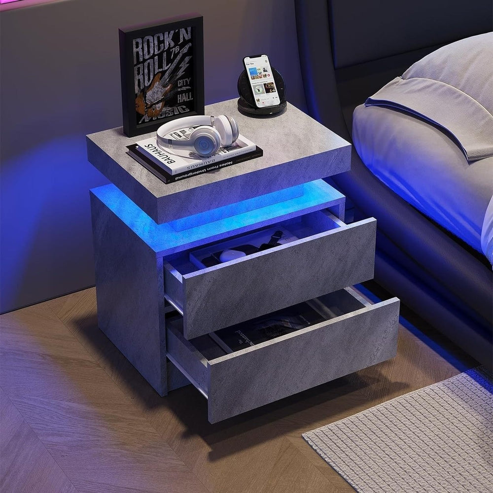 Nightstand LED Bedside Table Cabinet Lights Modern End Side with 2 Drawers for Bedroom (Deep Gray) Image 2