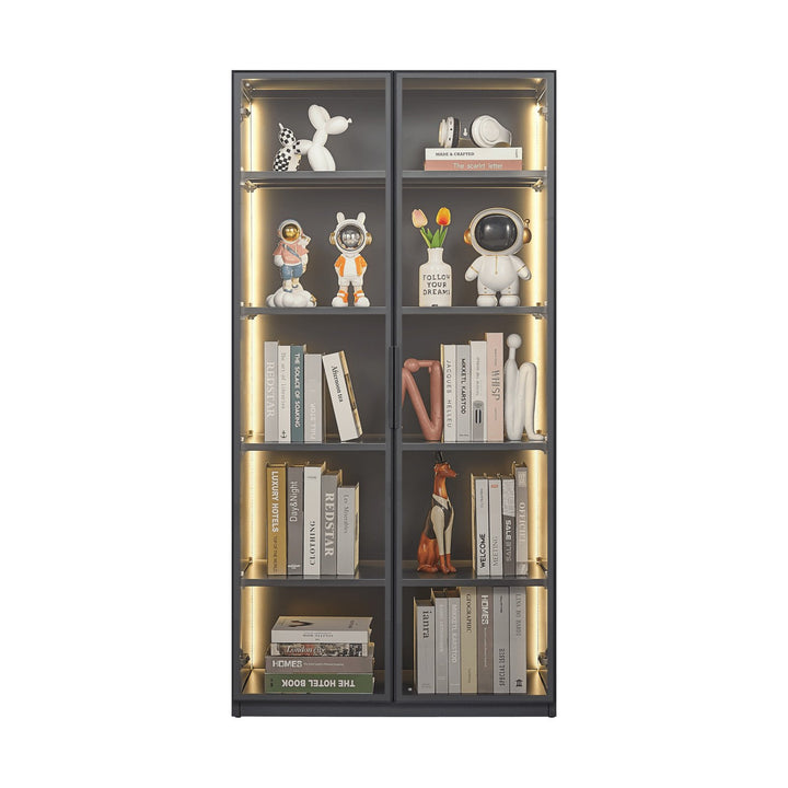 Double Door Metal Glass Display Storage Cabinet With Light Strip For Living Room Image 1