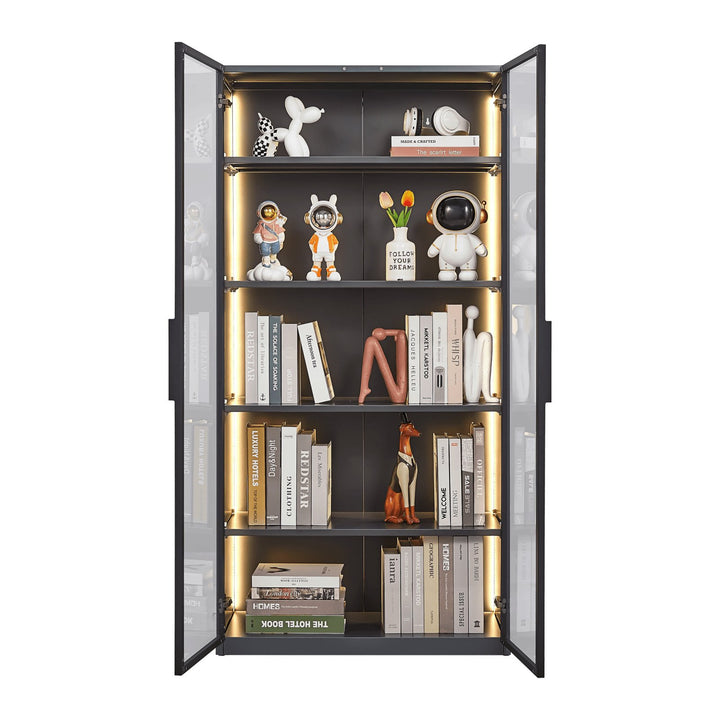 Double Door Metal Glass Display Storage Cabinet With Light Strip For Living Room Image 4