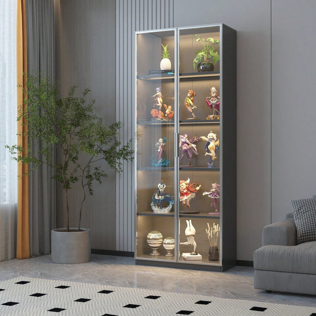 Double Door Metal Glass Display Storage Cabinet With Light Strip For Living Room Image 5