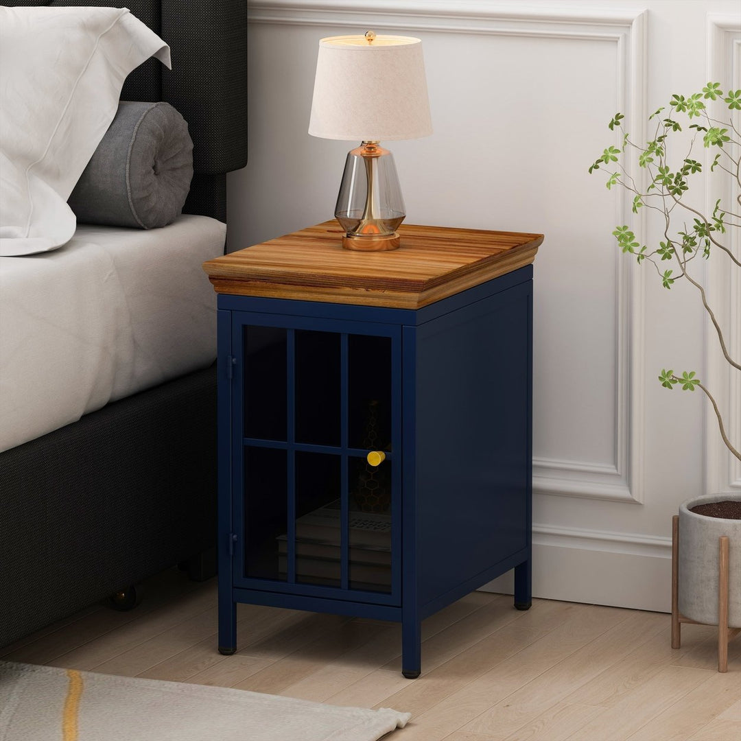 Nightstand with Storage Cabinet Solid Wood Tabletop Bedside Table Dark Blue Sofa Side Coffee Table for Bedroom Living Image 1