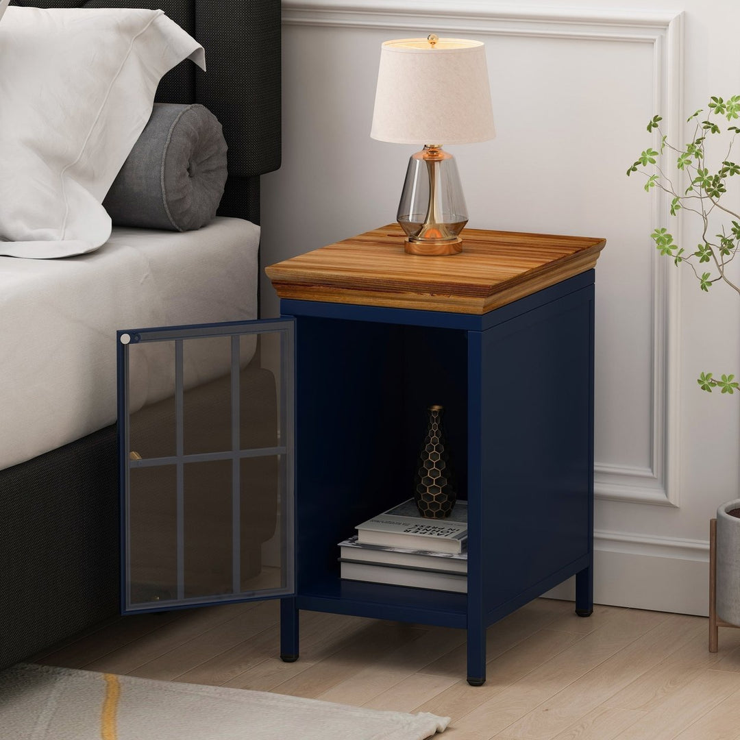 Nightstand with Storage Cabinet Solid Wood Tabletop Bedside Table Dark Blue Sofa Side Coffee Table for Bedroom Living Image 2