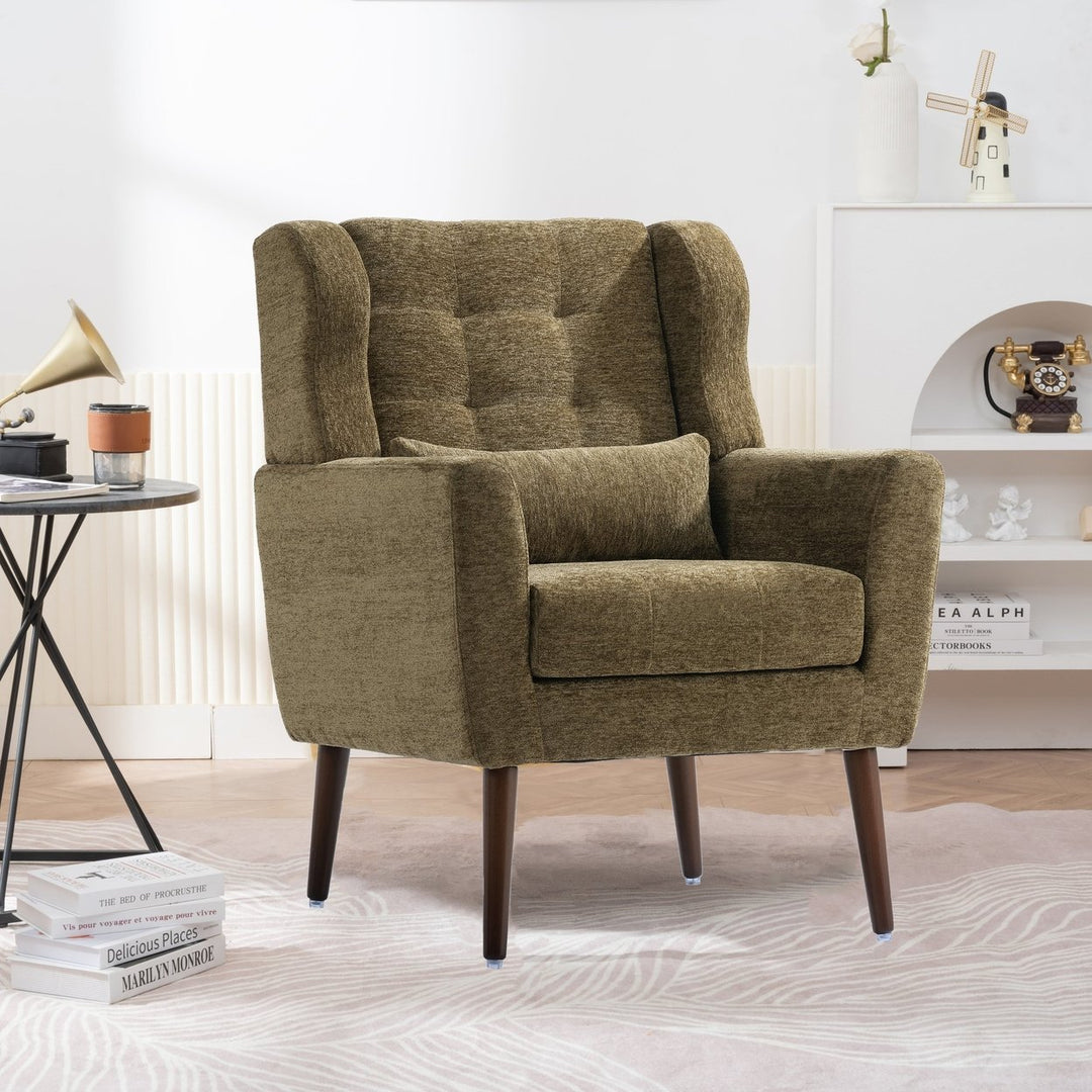 Olive Green Chenille Accent Chair for Living Room Modern Upholstered Armchair with Pillow and Solid Wood Legs Image 1