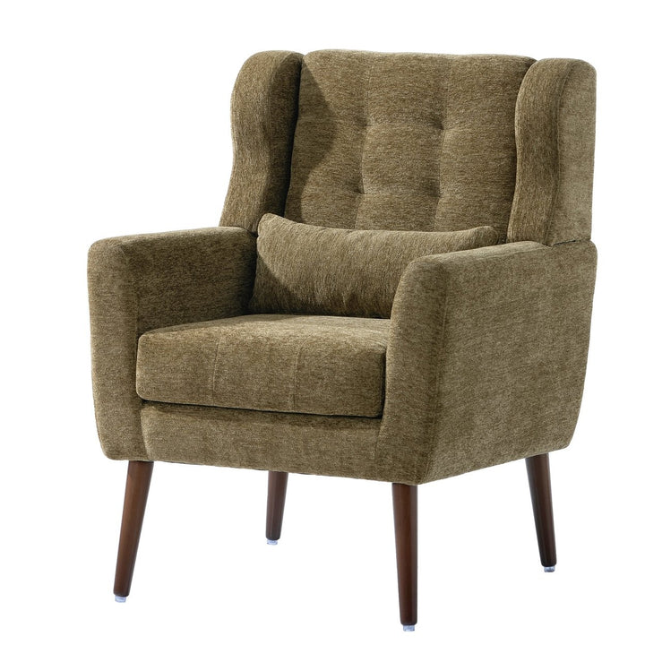 Olive Green Chenille Accent Chair for Living Room Modern Upholstered Armchair with Pillow and Solid Wood Legs Image 2