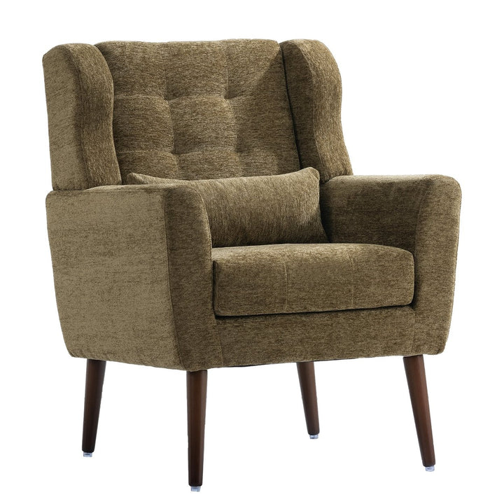 Olive Green Chenille Accent Chair for Living Room Modern Upholstered Armchair with Pillow and Solid Wood Legs Image 3