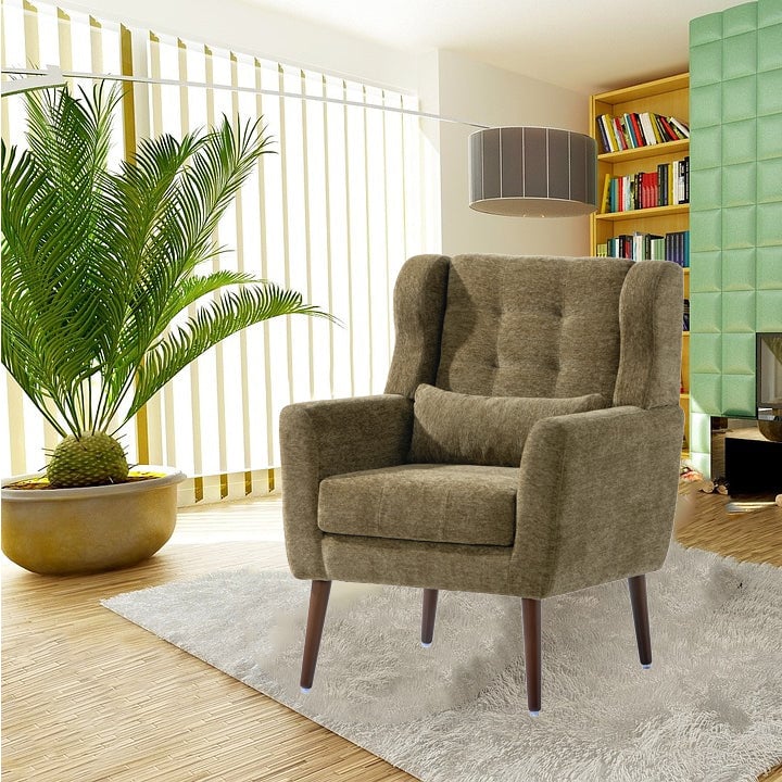 Olive Green Chenille Accent Chair for Living Room Modern Upholstered Armchair with Pillow and Solid Wood Legs Image 6