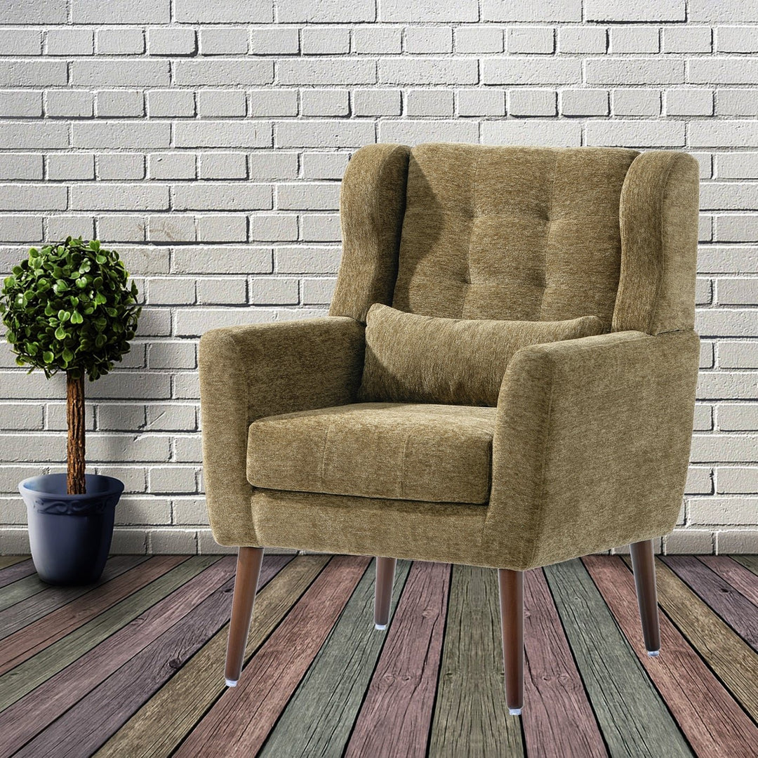 Olive Green Chenille Accent Chair for Living Room Modern Upholstered Armchair with Pillow and Solid Wood Legs Image 7