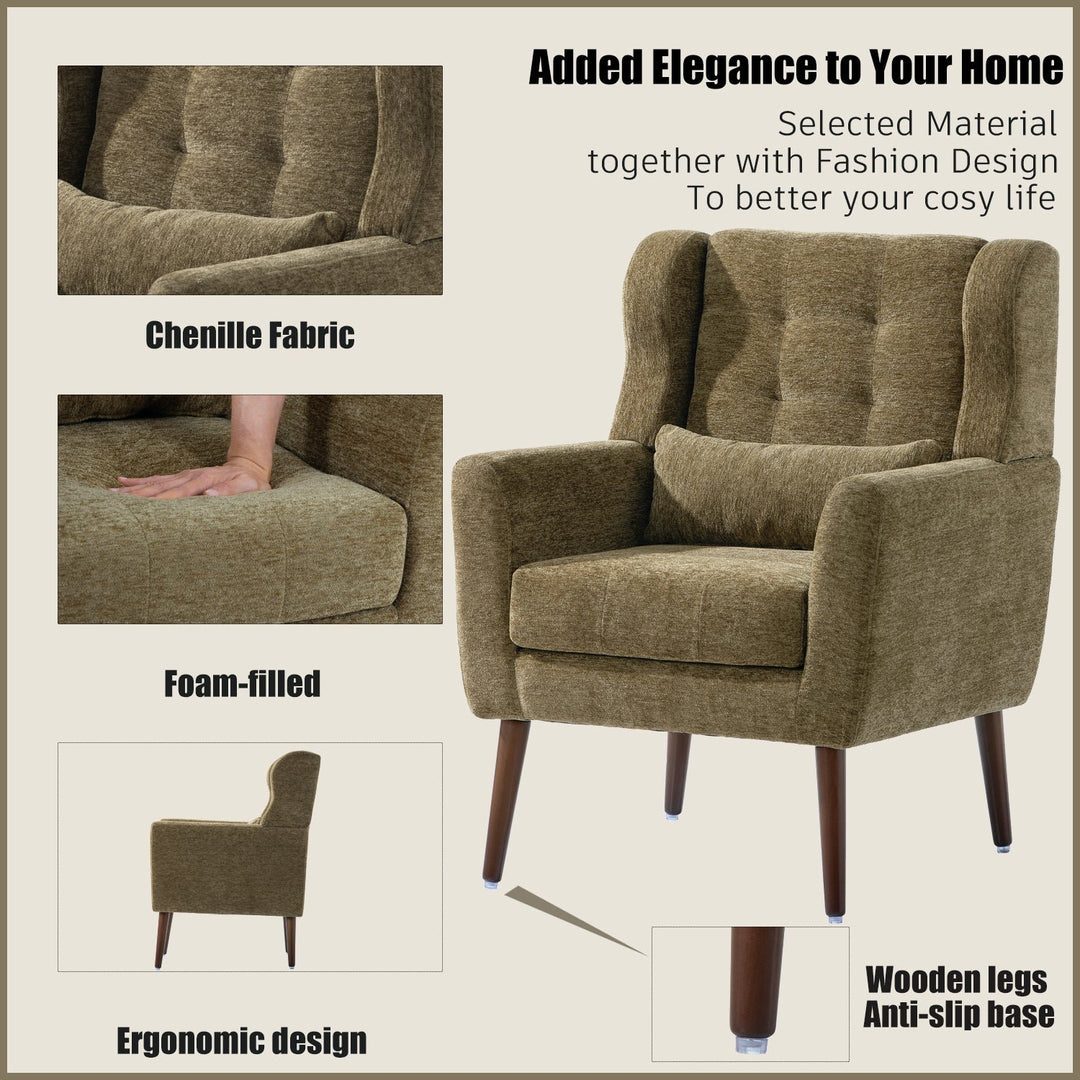 Olive Green Chenille Accent Chair for Living Room Modern Upholstered Armchair with Pillow and Solid Wood Legs Image 8