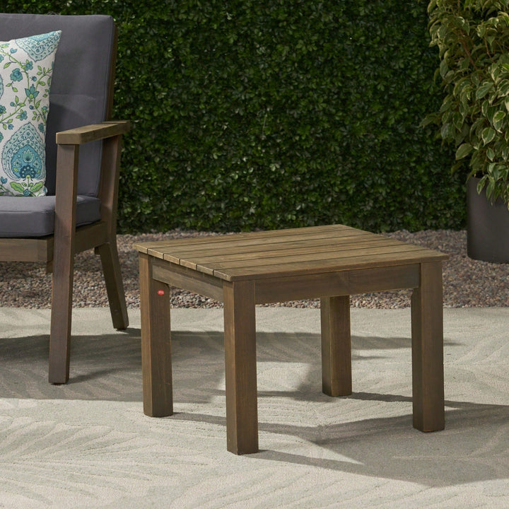 Outdoor Acacia Wood Side Table, 19.75 Inch Square Slatted Top End Table, Weather Resistant, Patio Furniture, Easy Image 5