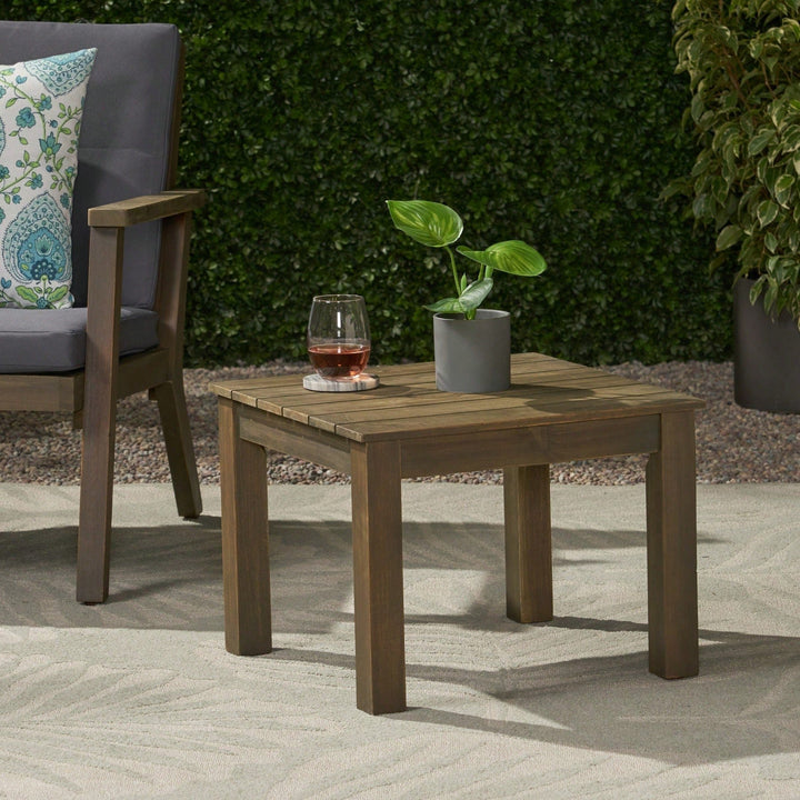 Outdoor Acacia Wood Side Table, 19.75 Inch Square Slatted Top End Table, Weather Resistant, Patio Furniture, Easy Image 6