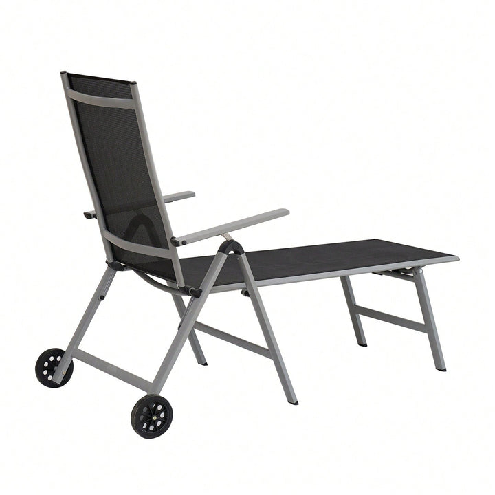 Outdoor Chaise Lounge Chair Aluminum Adjustable With Wheels For Poolside Beach Patio Reclining Sunbathing Lounger, Grey Image 3