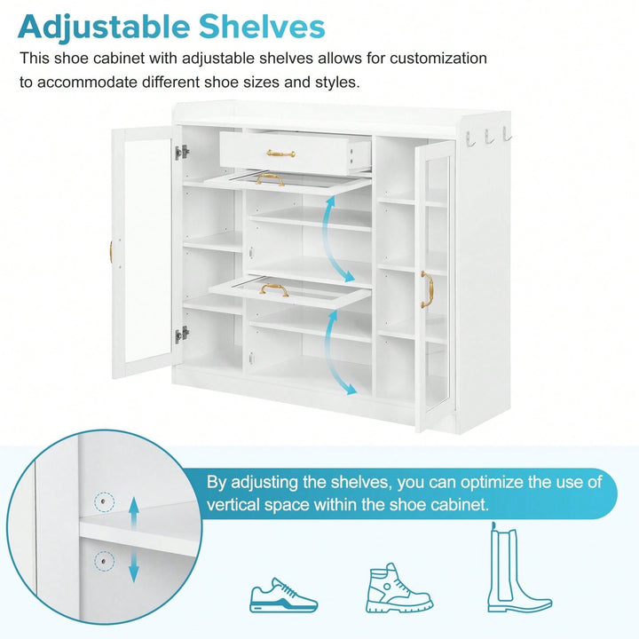 Modernist Freestanding Shoe Rack with 4 Glass Doors Adjustable Shelves and Gold Handles for Hallway and Living Room Image 3