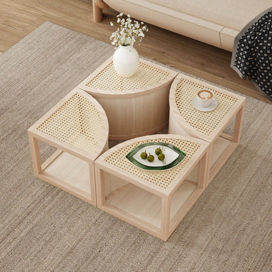 Modular Round To Square Coffee Table With Storage Light Natural Rattan And Wood 4 Piece Set Image 1