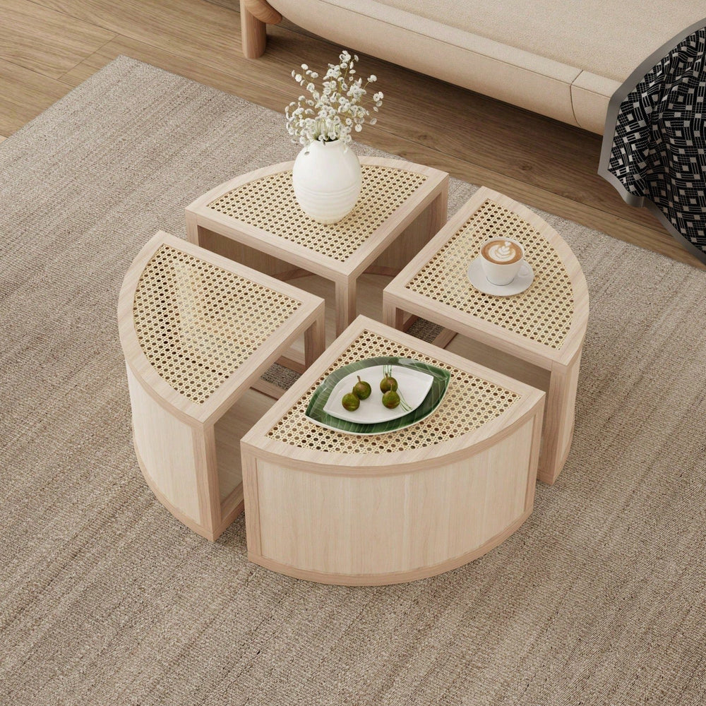 Modular Round To Square Coffee Table With Storage Light Natural Rattan And Wood 4 Piece Set Image 2