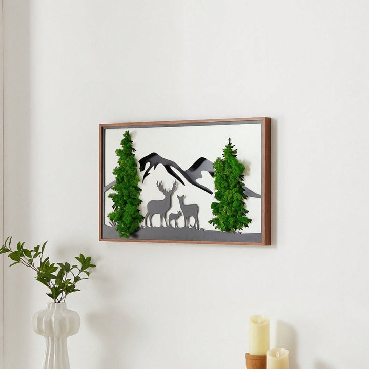 Moss Wall Art with Wrought Iron Deer Sculpture - Low Maintenance Forest Decor for Home or Office Image 3