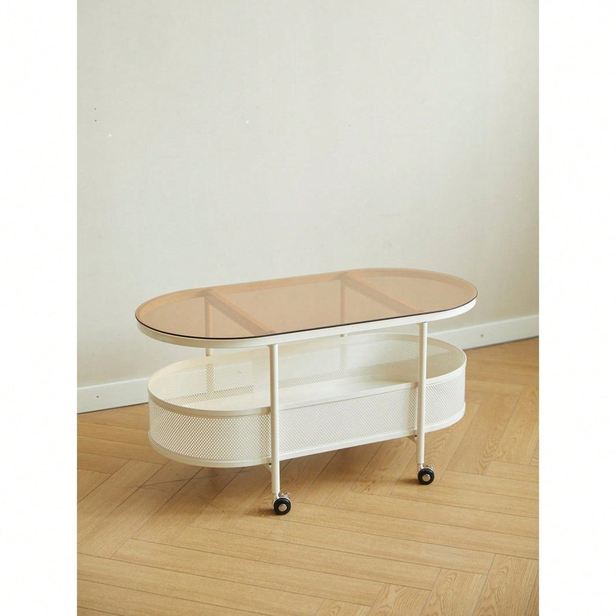 Movable Oval Coffee Table With Storage, Tempered Glass Top And Metal Frame, 35 Inch Image 1