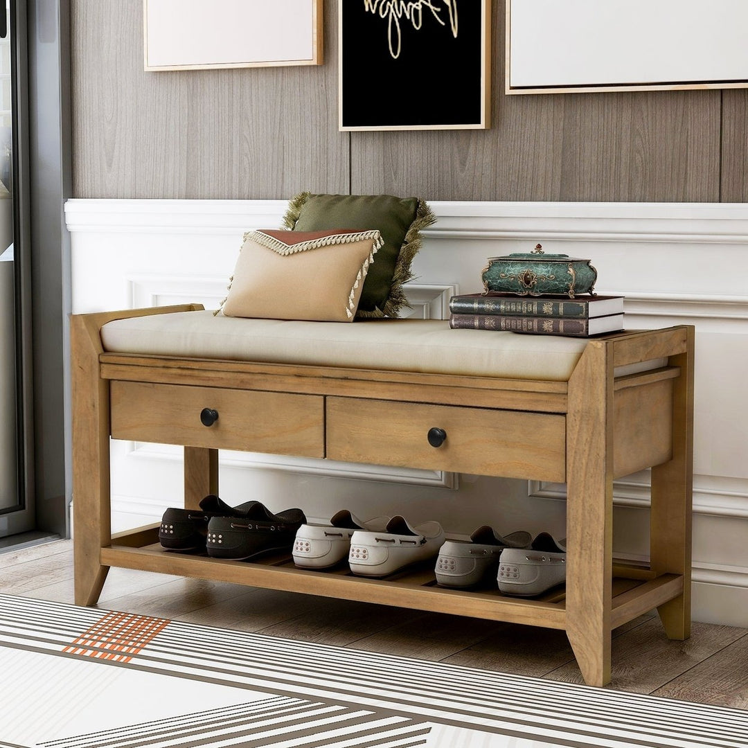 Multipurpose Entryway Storage Bench with Cushioned Seat and Drawers Old Pine Shoe Rack Image 1