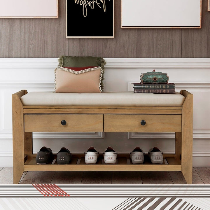 Multipurpose Entryway Storage Bench with Cushioned Seat and Drawers Old Pine Shoe Rack Image 2