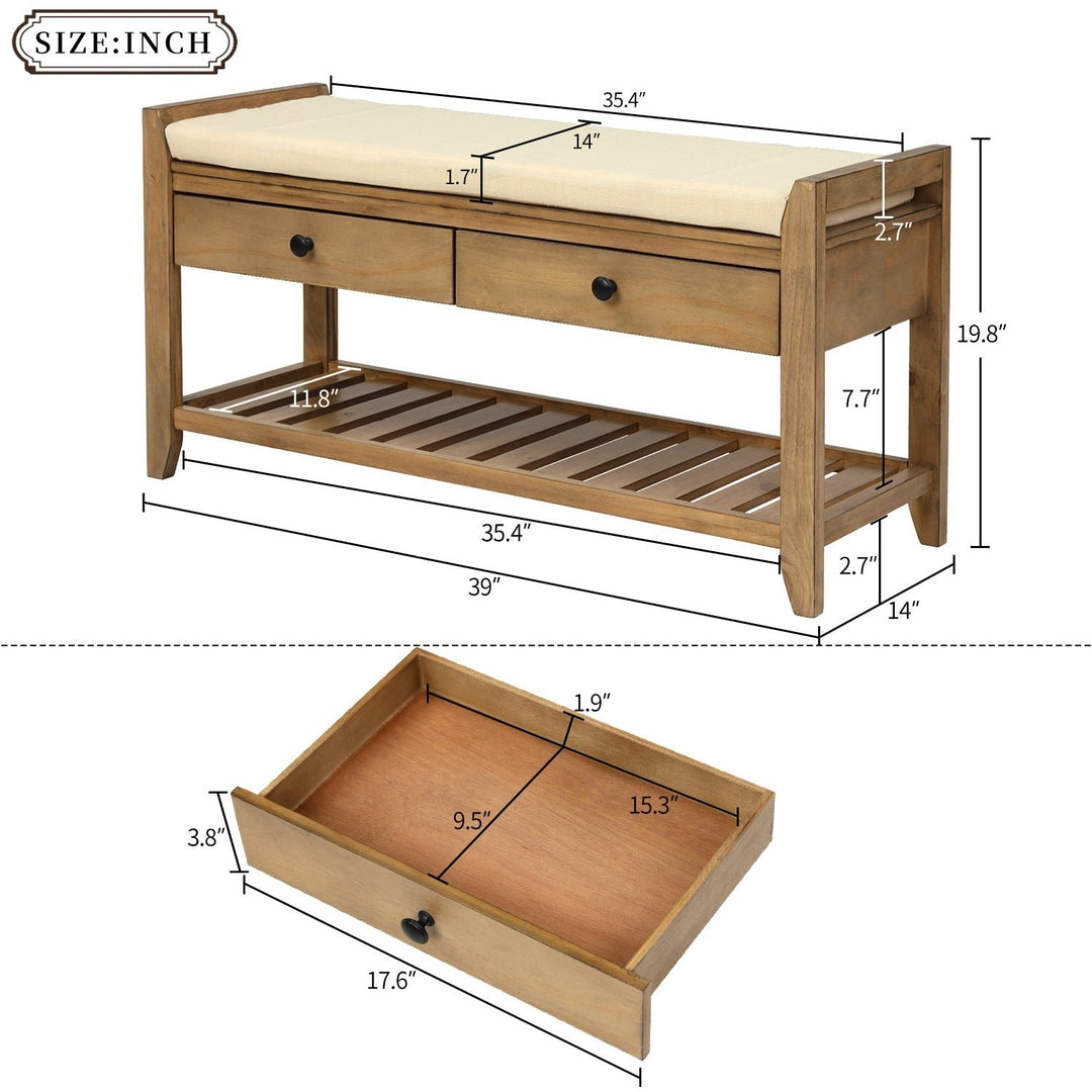 Multipurpose Entryway Storage Bench with Cushioned Seat and Drawers Old Pine Shoe Rack Image 3