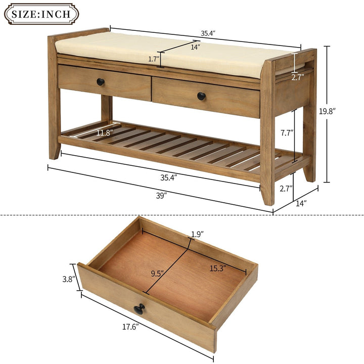 Multipurpose Entryway Storage Bench with Cushioned Seat and Drawers Old Pine Shoe Rack Image 3