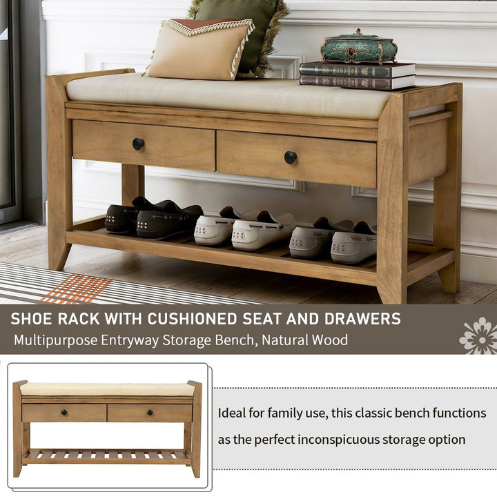 Multipurpose Entryway Storage Bench with Cushioned Seat and Drawers Old Pine Shoe Rack Image 5