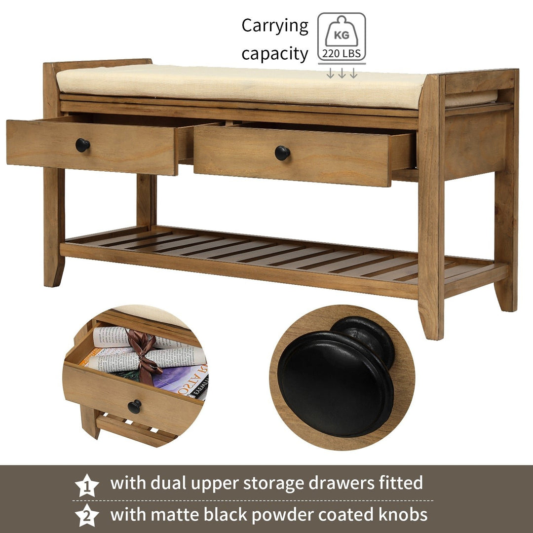 Multipurpose Entryway Storage Bench with Cushioned Seat and Drawers Old Pine Shoe Rack Image 6