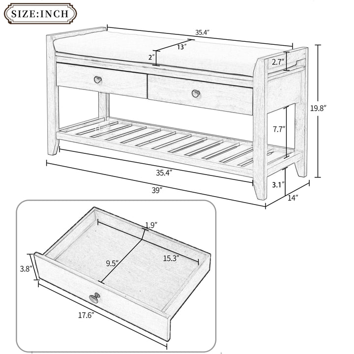 Multipurpose Shoe Rack with Cushioned Seat and Drawers - Entryway Storage Bench, White Image 3