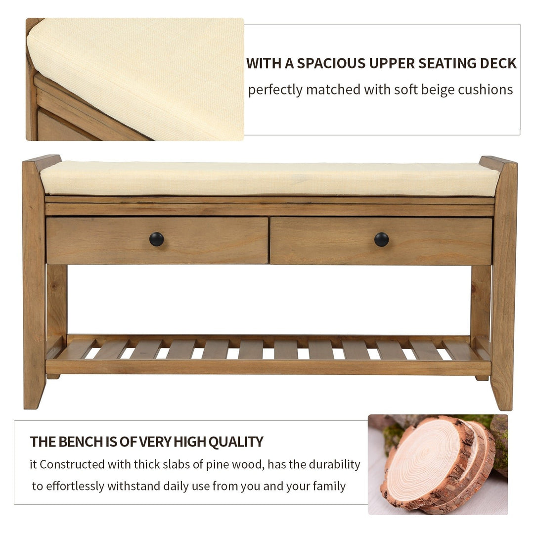 Multipurpose Entryway Storage Bench with Cushioned Seat and Drawers Old Pine Shoe Rack Image 7