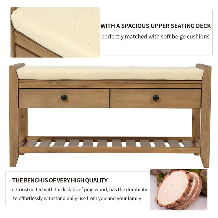 Multipurpose Entryway Storage Bench with Cushioned Seat and Drawers Old Pine Shoe Rack Image 7