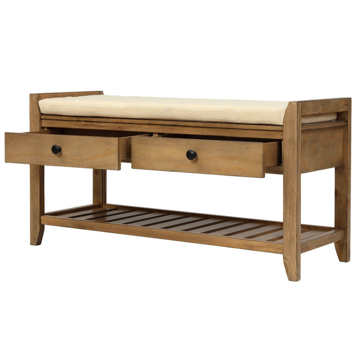 Multipurpose Entryway Storage Bench with Cushioned Seat and Drawers Old Pine Shoe Rack Image 8