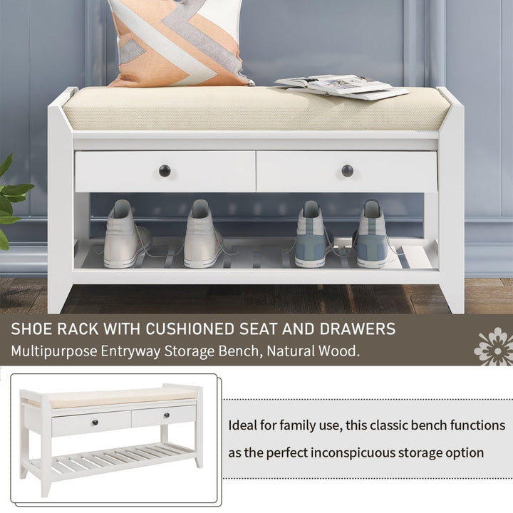 Multipurpose Shoe Rack with Cushioned Seat and Drawers - Entryway Storage Bench, White Image 5