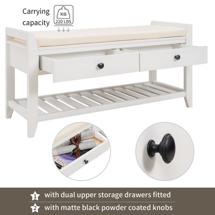 Multipurpose Shoe Rack with Cushioned Seat and Drawers - Entryway Storage Bench, White Image 6