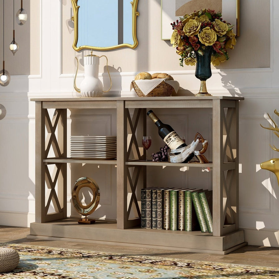 Narrow Console Table with 3-Tier Open Storage Spaces and X Legs for Living Room Entryway Hallway White Wash Image 1