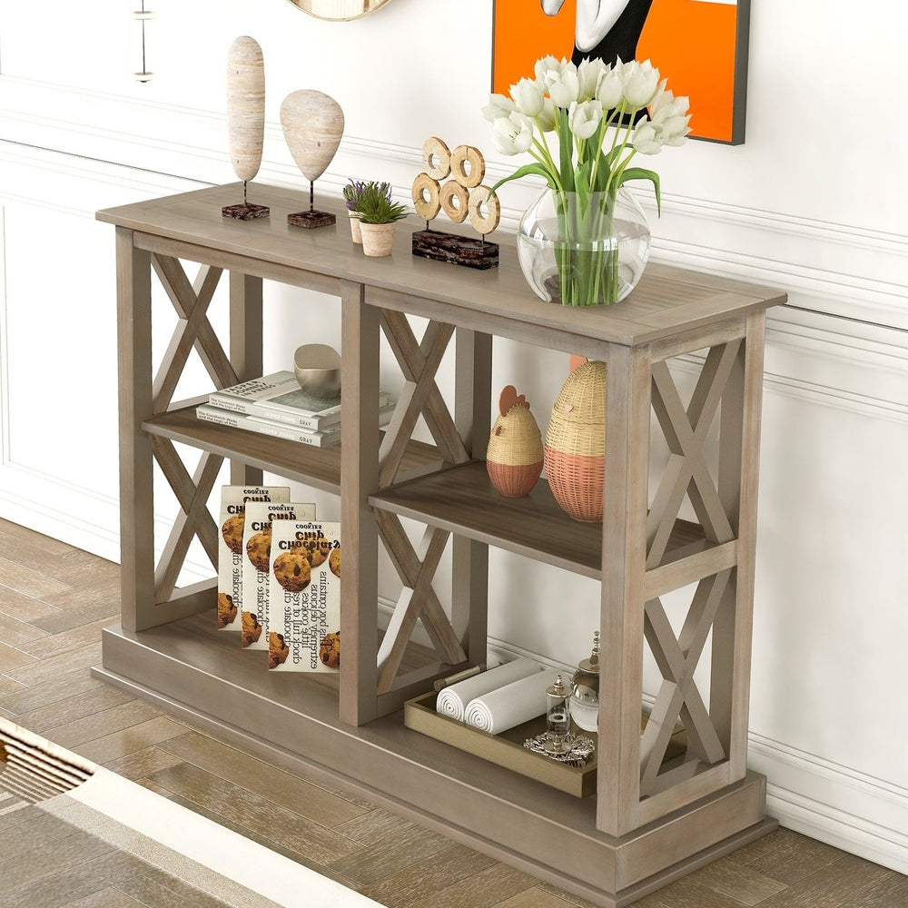 Narrow Console Table with 3-Tier Open Storage Spaces and X Legs for Living Room Entryway Hallway White Wash Image 2