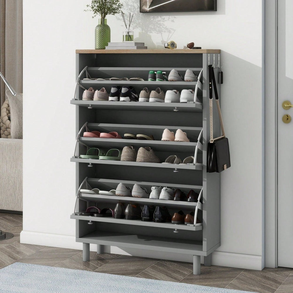 Narrow Shoe Storage Cabinet with Adjustable Shelves and 3 Flip Drawers Entryway Organizer Holds 24 Pairs with Wood Grain Image 2