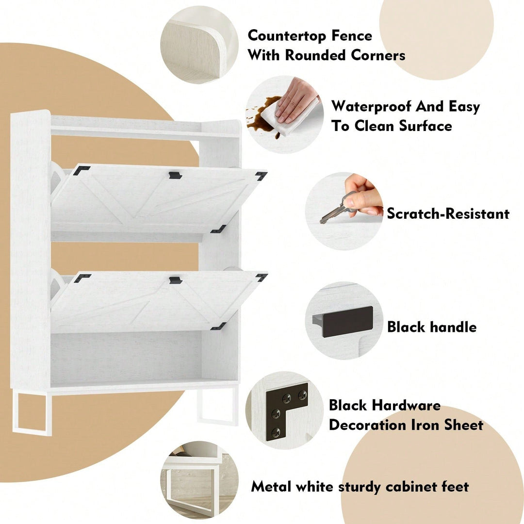 Narrow Farmhouse Shoe Cabinet with Doors and Open Storage for Entryway Hallway Living Room 2 Tier Flip Drawer Organizer Image 3