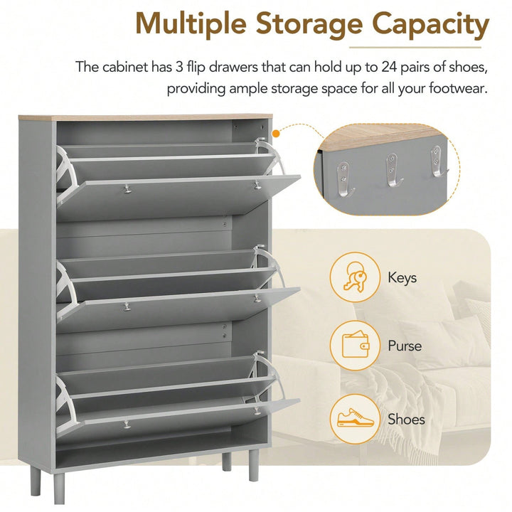 Narrow Shoe Storage Cabinet with Adjustable Shelves and 3 Flip Drawers Entryway Organizer Holds 24 Pairs with Wood Grain Image 4