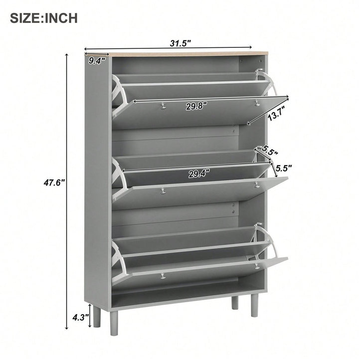 Narrow Shoe Storage Cabinet with Adjustable Shelves and 3 Flip Drawers Entryway Organizer Holds 24 Pairs with Wood Grain Image 5