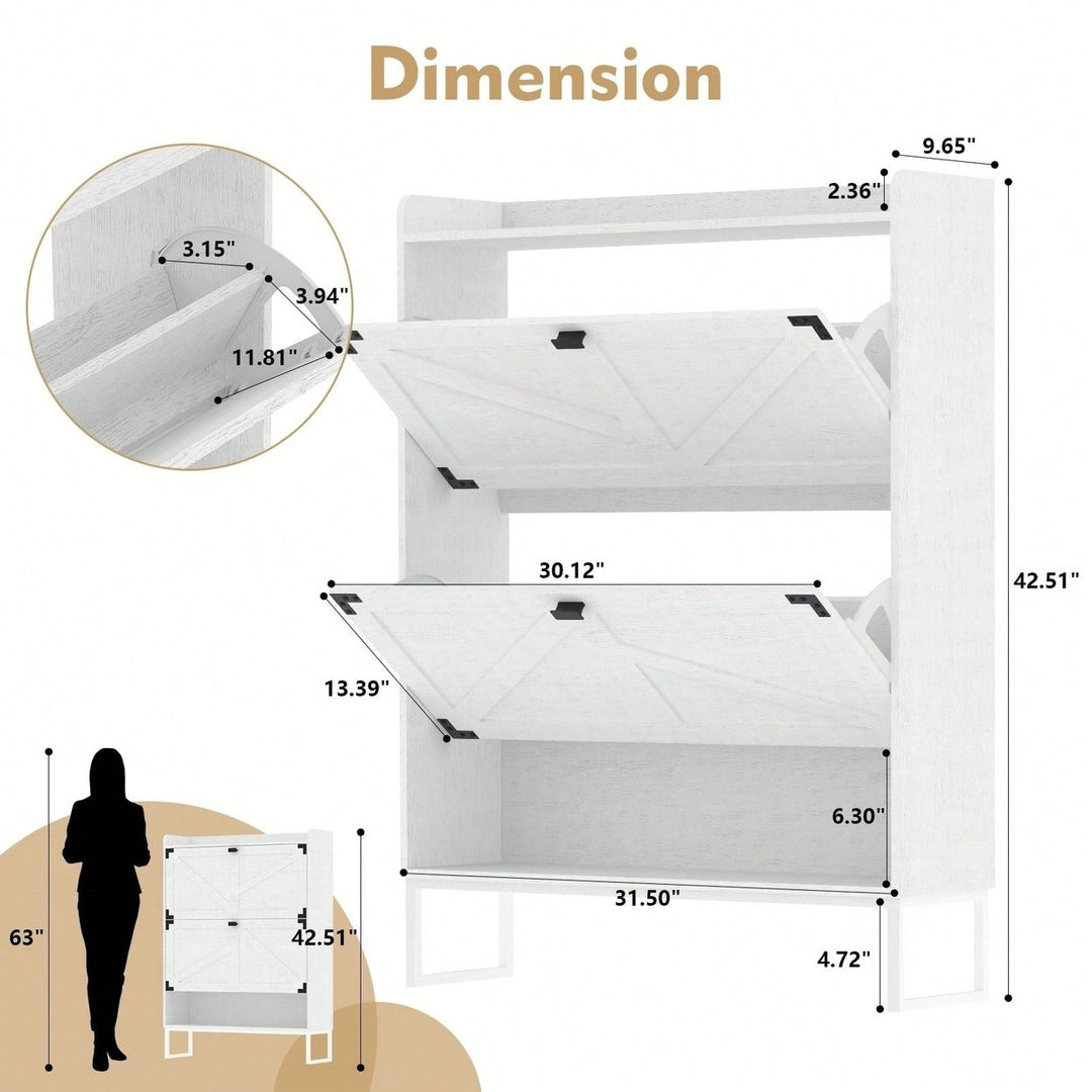 Narrow Farmhouse Shoe Cabinet with Doors and Open Storage for Entryway Hallway Living Room 2 Tier Flip Drawer Organizer Image 5