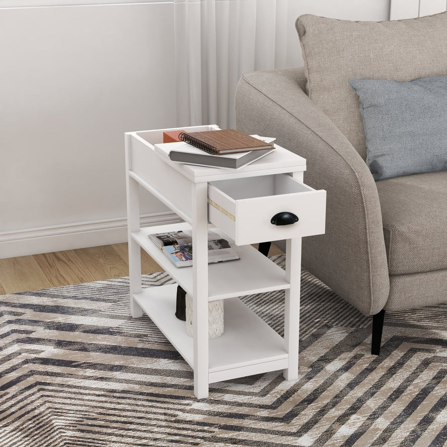 Narrow Side Table with Drawers and Bottom Storage - Flip Over Design, White Finish Image 1