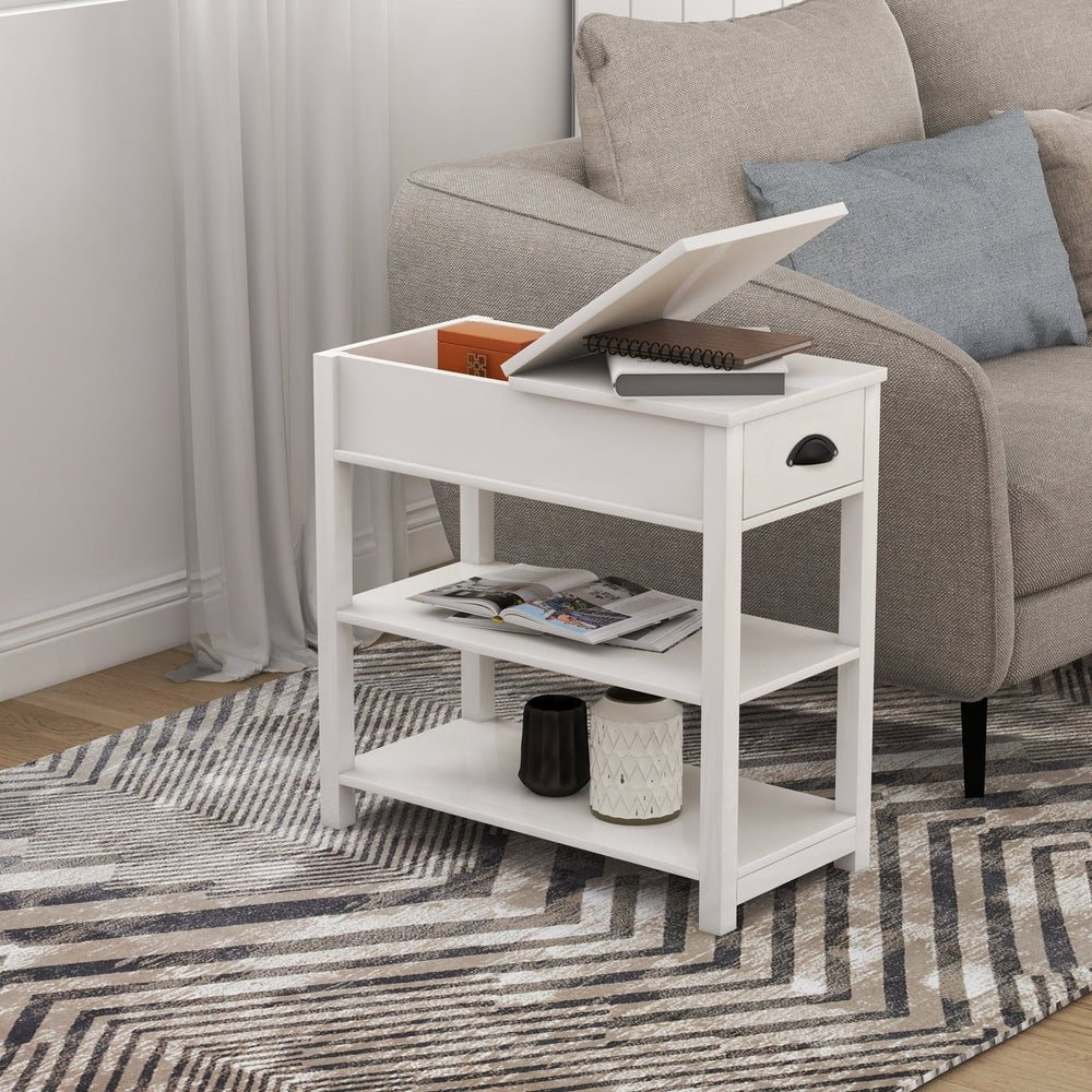 Narrow Side Table with Drawers and Bottom Storage - Flip Over Design, White Finish Image 2