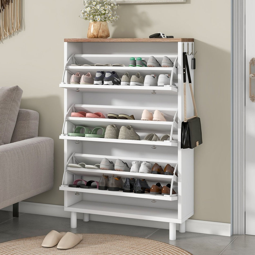 Narrow Tipping Bucket Shoe Cabinet with 3 Flip Drawers and Hooks White Wood Grain Entryway Organizer Image 1