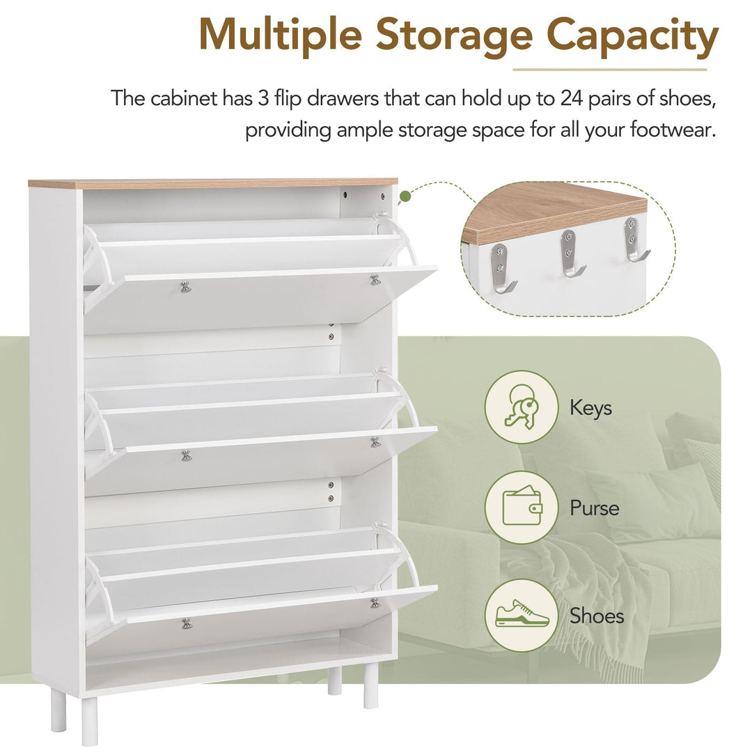 Narrow Tipping Bucket Shoe Cabinet with 3 Flip Drawers and Hooks White Wood Grain Entryway Organizer Image 4