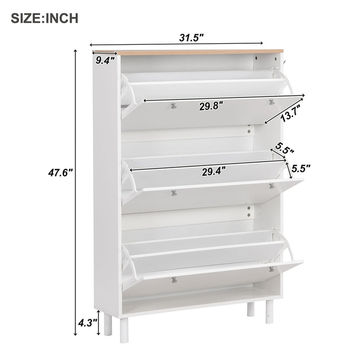 Narrow Tipping Bucket Shoe Cabinet with 3 Flip Drawers and Hooks White Wood Grain Entryway Organizer Image 6