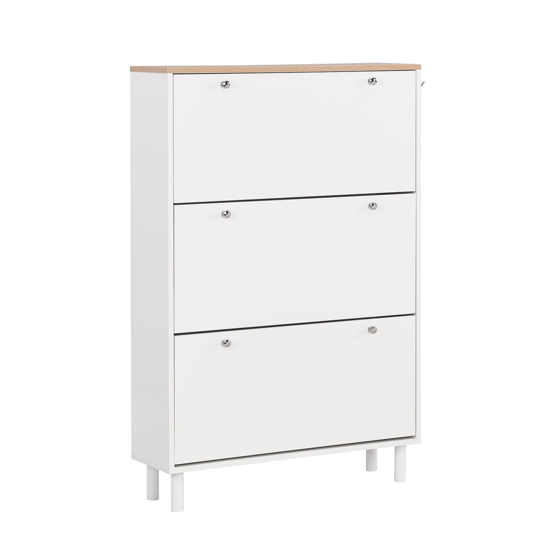 Narrow Tipping Bucket Shoe Cabinet with 3 Flip Drawers and Hooks White Wood Grain Entryway Organizer Image 7